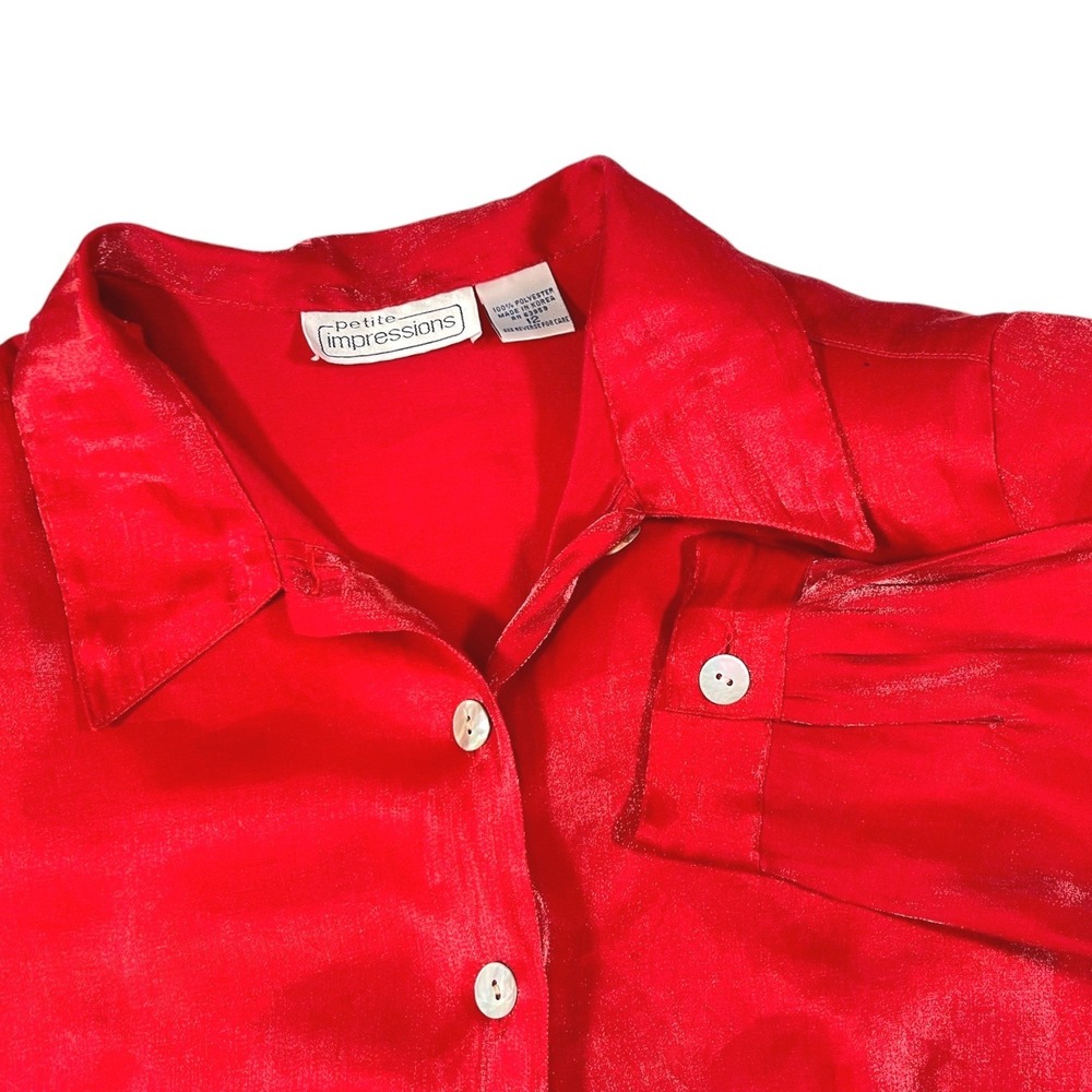 Petite Impressions 12‎ Red Button Down Shirt Shimmer Long Sleeve Officecore